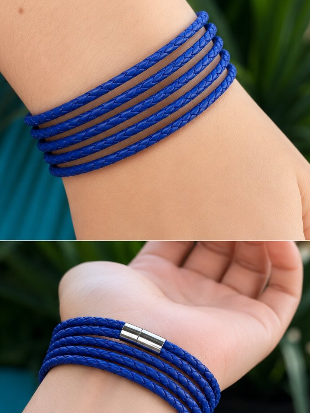 BLUE Braided Leather Wrap Bracelet – Magnetic Clasp | Multiple Colors | 35.5"